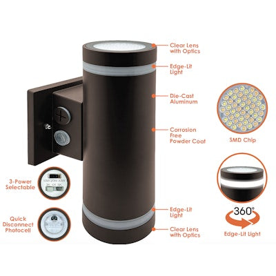 Envision LED 3" Edge-Lit Cylinder Up/Down Light, M-Line,  3CCT Selectable 30k/40k/50k, Bronze, LED-CYE-UD-3-3P30-TRI-BZ-PC