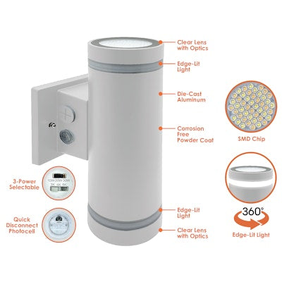 Envision LED 3" Edge-Lit Cylinder Up/Down Light, M-Line, 3CC Selectable 30k/40k/50k, White, LED-CYE-UD-3-3P30-TRI-WH-PC
