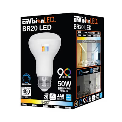 Envision LED, BR20 40W Equivalent,  5CCT Selectable 27K/30K/35K/40K/50K, Frosted, LED-BR20-6W-5CCT