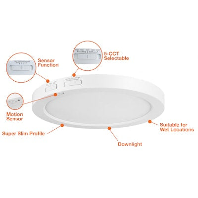 Envision LED 5" Slim-Line Surface Mount Round Bi-Level Motion Sensor, 5CCT Selectable 5000k/4000k/3500k/3000k/2700k, White, LED-SLDSKR-5-12W-5CCT-WH-BMS