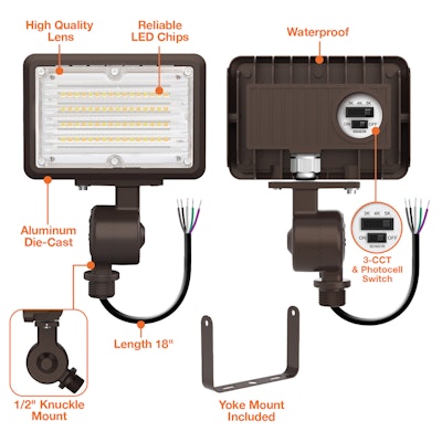 Envision LED Mini Area Floodlights, XS-Line, 3CCT Selectable 30k/40k/50k, Bronze, LED-FL-15W-TRI-BZ-KNYK-PC