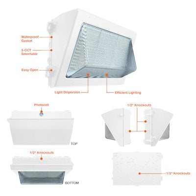 Envision LED Regular Wall Pack, Full-Line, 3CCT Selectable 30k/40k/50k, White, LED-WPF-5P60-TRI-WH-PC