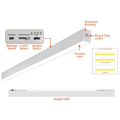 Envision LED C-Line, 4' Suspended Linear w/ Uplight, 5CCT Selectable 50k/40k/35k/30k/27k, White, LED-UDL2-4FT-3P50-5CCT-WH
