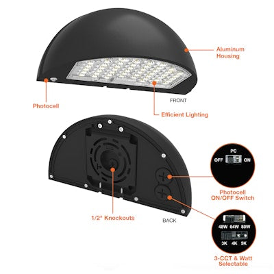 Envision LED Semi-Circle Full Cut Off Wall Pack, CIRCLE-Line,  3CCT Selectable 30k/40k/50k, Black, LED-WPFC-SC-3P80-TRI-BL-PC