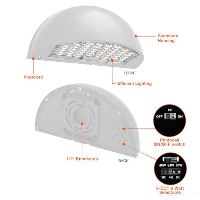 Envision LED Semi-Circle Full Cut Off Wall Pack, CIRCLE-Line,3CCT Selectable 30k/40k/50k,  White, LED-WPFC-SC-3P80-TRI-WH-PC