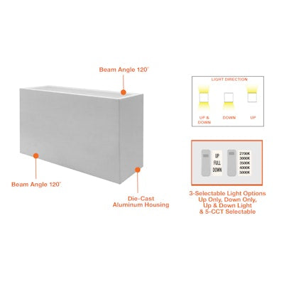 Envision LED 5" x10" Modern Square Sconce Light, M-Line, 5CCT Selectable 27k/30k/35k/40k/50k, White, LED-WSC-5X10-UD-24W-5CCT-WH