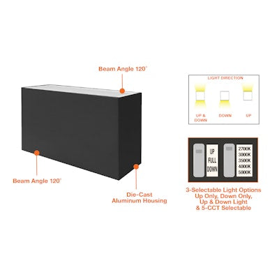 Envision LED 5" x10" Modern Square Sconce Light, M-Line, 5CCT Selectable 27k/30k/35k/40k/50k, Black, LED-WSC-5x10-UD-24W-5CCT-BL
