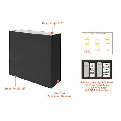 Envision LED 12" Modern Square Sconce Light, M-Line, 5CCT Selectable 27k/30k/35k/40k/50k, Black, LED-WSC-12-UD-30W-5CCT-BL