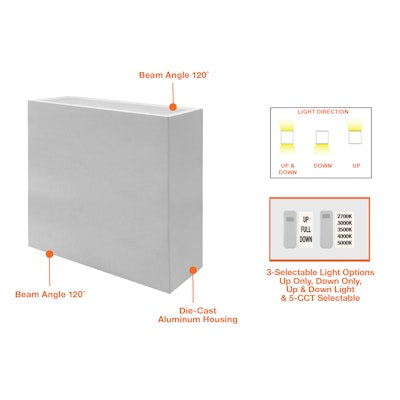 Envision LED 12" Modern Square Sconce Light, M-Line, 5CCT Selectable 27k/30k/35k/40k/50k, White, LED-WSC-12-UD-30W-5CCT-WH