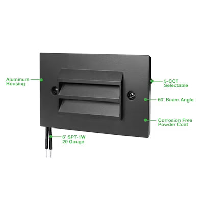 Envision LED Surface Mount Step Light - 5"ch Width - Louver, 5CCT Selectable 27K/30K/35K/40K/50K, Black, LED-STEP-LVR-SM-5-4W-5CCT-ALM-BL-LV