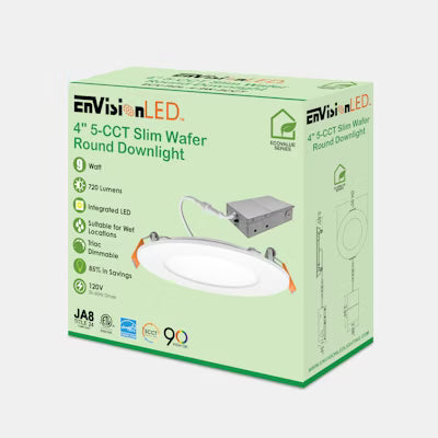 Envision LED 4" Round Slim Panel Wafer Downlight, 5CCT Selectable 27K/30K/35K/40K/50K, White, ECV-WFR-4-9W-5CCT