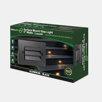 Envision LED Surface Mount Step Light - 5"ch Width - Louver, 5CCT Selectable 27K/30K/35K/40K/50K, Black, LED-STEP-LVR-SM-5-4W-5CCT-ALM-BL-LV