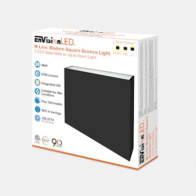 Envision LED 12" Modern Square Sconce Light, M-Line, 5CCT Selectable 27k/30k/35k/40k/50k, Black, LED-WSC-12-UD-30W-5CCT-BL