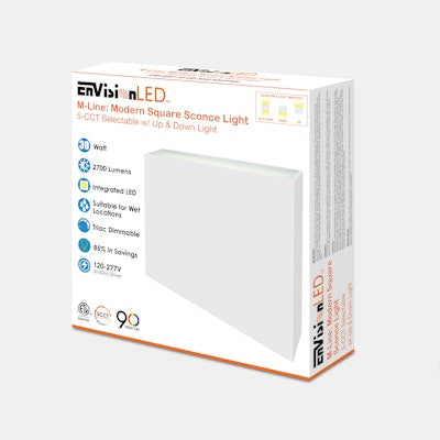 Envision LED 12" Modern Square Sconce Light, M-Line, 5CCT Selectable 27k/30k/35k/40k/50k, White, LED-WSC-12-UD-30W-5CCT-WH