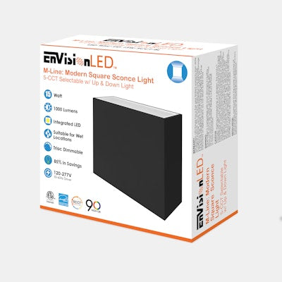 Envision LED Modern Square Sconce Light, M-Line, 5CCT Selectable 27k/30k/35k/40k/50k, Black, LED-WSC-UD-15W-5CCT-BL