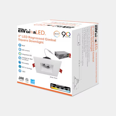 Envision LED 3" Regressed Gimbal Downlight, SnapTrim-Line, 5CCT Selectable 27K/30K/35K/40K/50K, White, LED-DLJBX-ADJ-3RG-8W-5CCT-WH-SQ