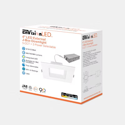 Envision LED 4" EXternal J-Box, SQ-Line, 5CCT Selectable 27K/30K/35K/40K/50K, White, LED-DL-SQ-EX-4-3P12-5CCT-WH-SM