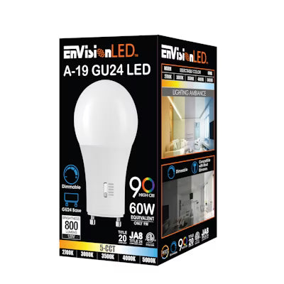 Envision LED, A19 GU24 60W Equivalent, 5CCT Selectable 27K/30K/35K/40K/50K, Frosted, LED-A19GU24-9W-5CCT