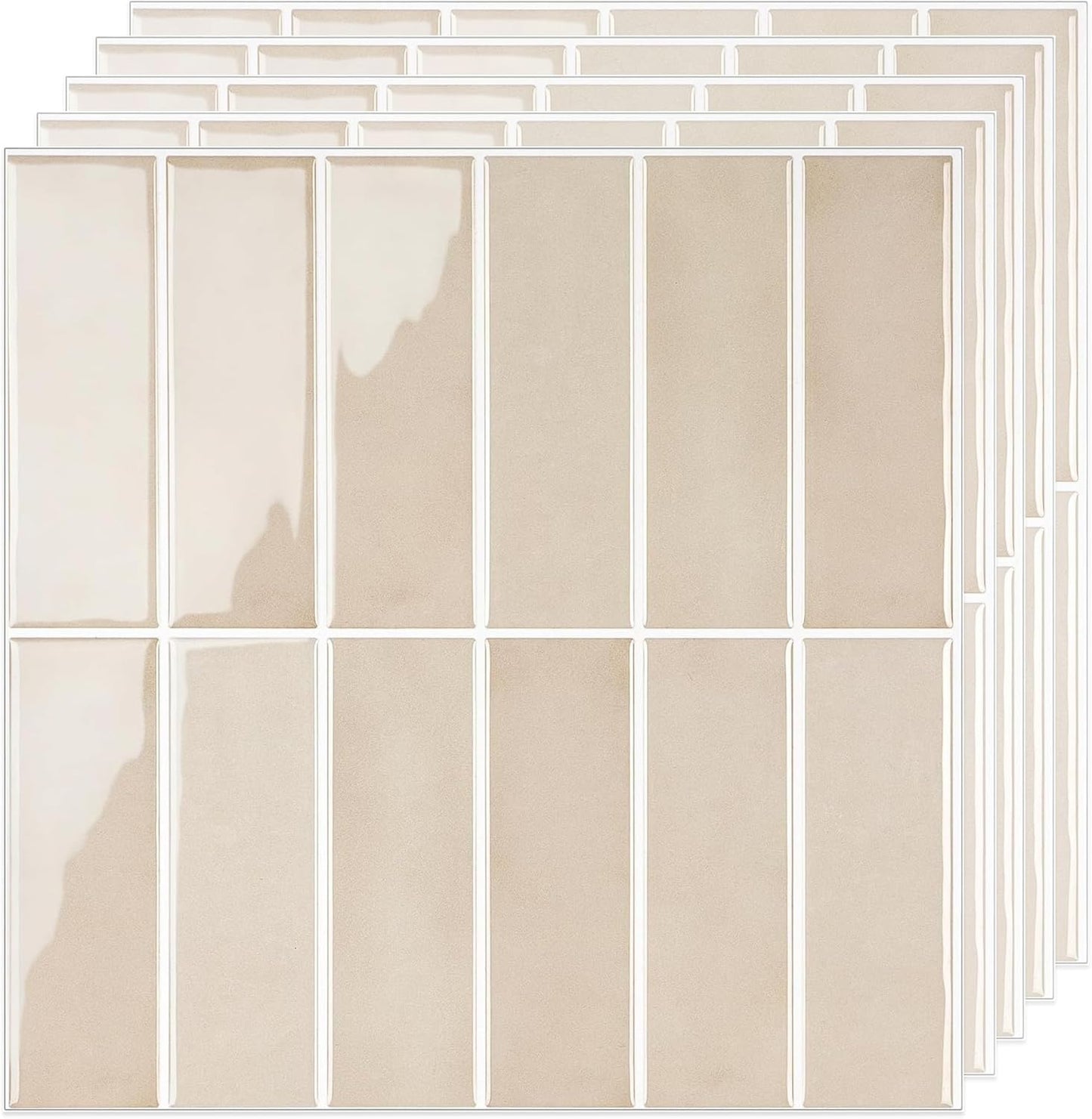 Select 5 Pack Peel and Stick Backsplash Tiles, 3D Wall Panels with Commercial-Grade Adhesive, Extra Thick Water & Heat-Resistant Stick-On Tile Backsplash for Kitchen, Laundry, 12" x12” (Almond)