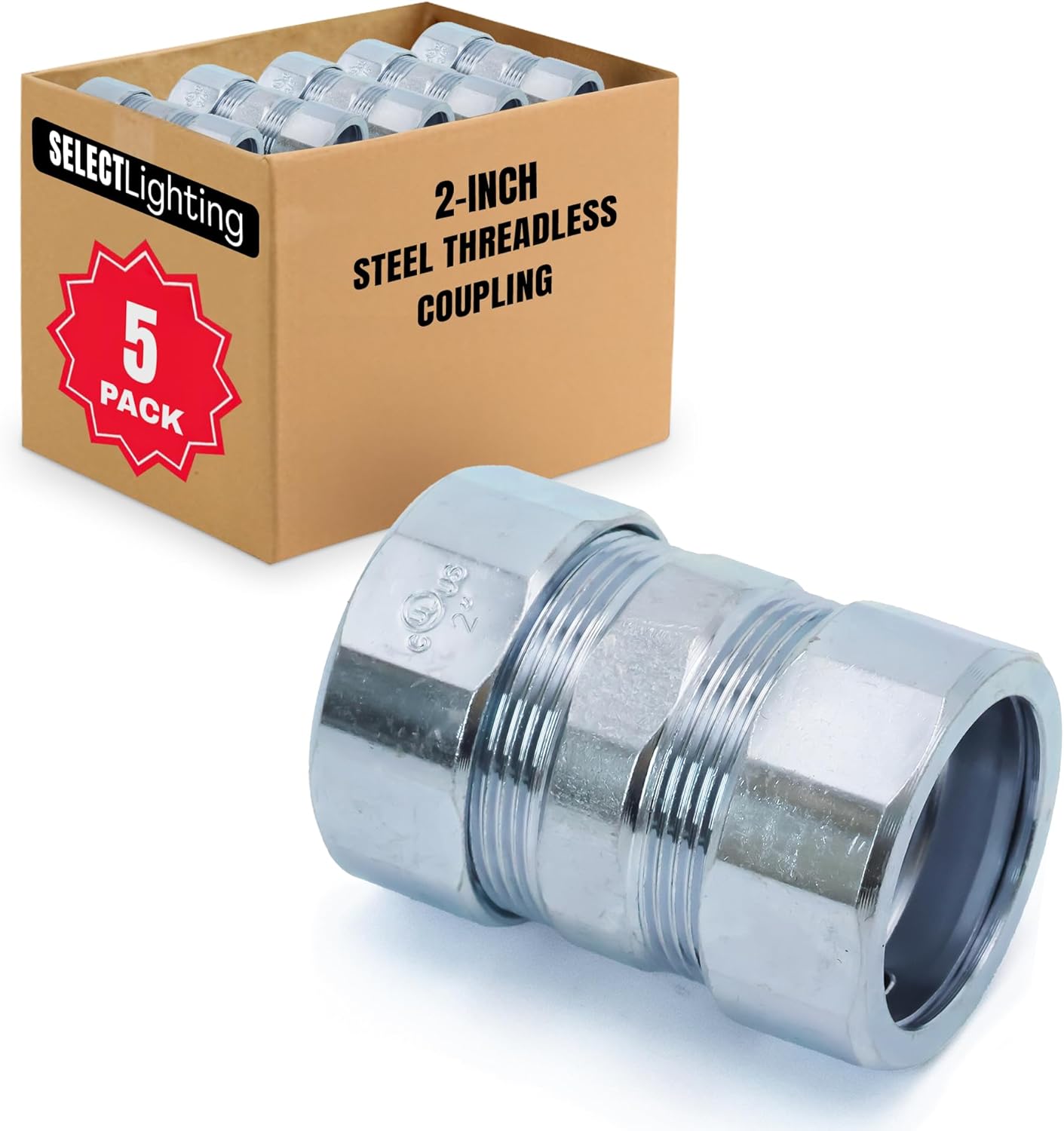 SELECT 5 Pack Lighting Threadless Coupling, 1-1/2 Inch Zinc Plated Steel Coupling, Electrical Conduit Fittings for Indoor and Outdoor Use