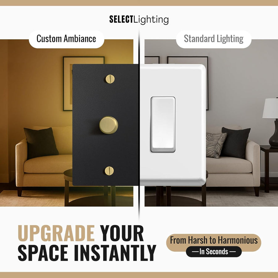 SELECT Black Brass Dimmer Light Switch, 1 Way Rotary Dimmer, TRIAC/Leading Edge Dimmable LED Light Switch, 15A 120V AC with Brass Knob, Faceplate & Dimming Module, UL Listed
