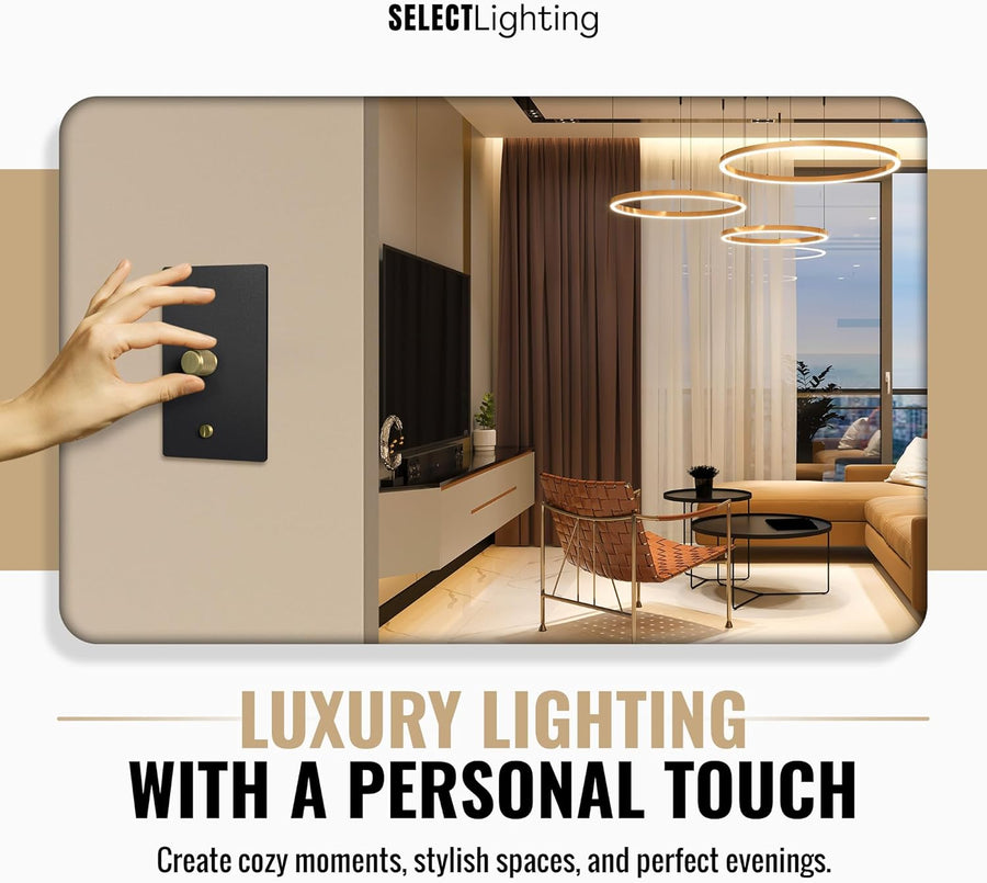 SELECT Black Brass Dimmer Light Switch, 1 Way Rotary Dimmer, TRIAC/Leading Edge Dimmable LED Light Switch, 15A 120V AC with Brass Knob, Faceplate & Dimming Module, UL Listed
