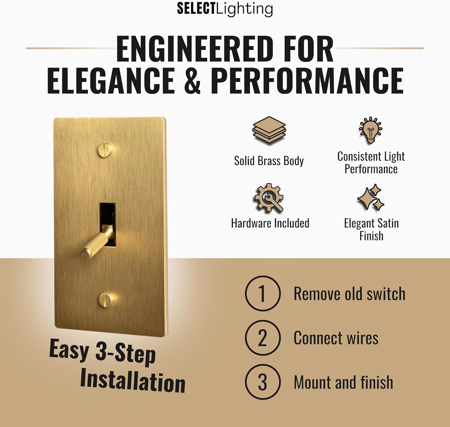 Satin Solid Brass Plated Toggle Switch, 15A 120V AC Wall Mount, 3-Way Compatible Vintage Style Single Pole with Faceplate & Switch Module