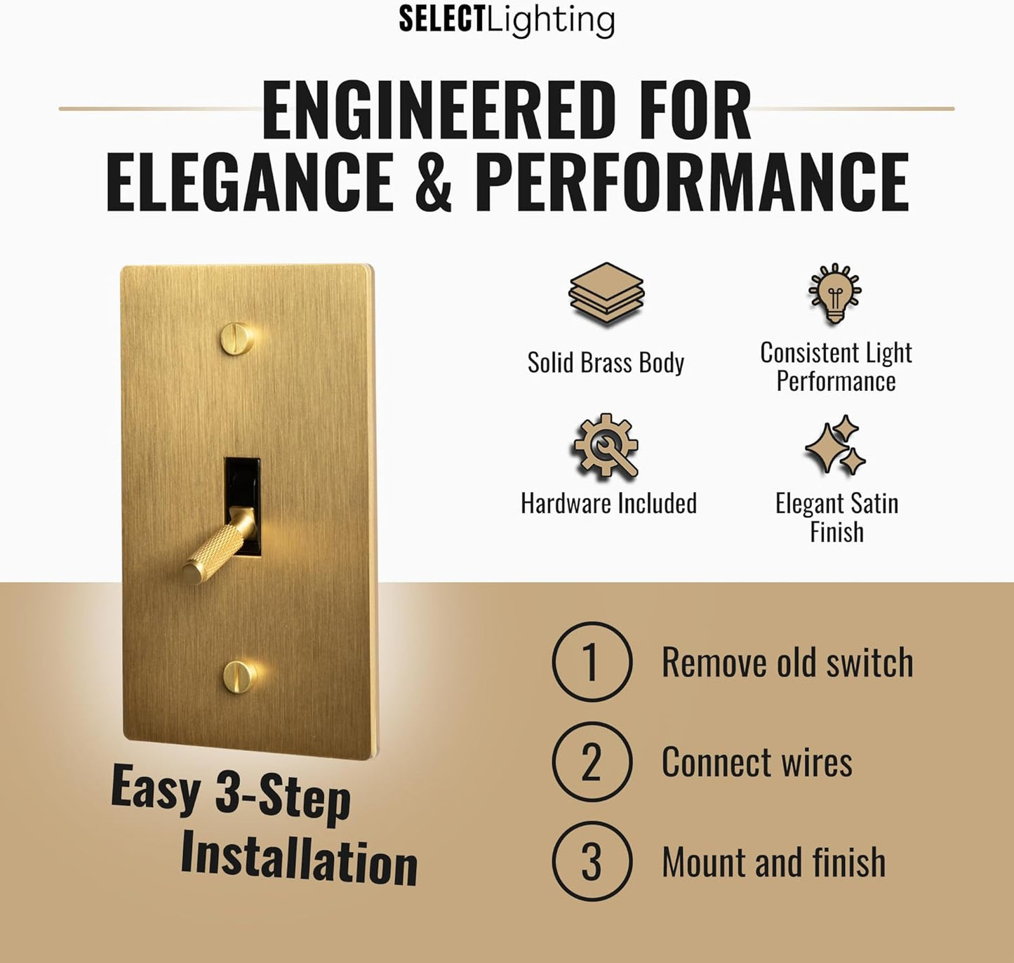 Satin Solid Brass Plated Toggle Switch, 15A 120V AC Wall Mount, 3-Way Compatible Vintage Style Single Pole with Faceplate & Switch Module