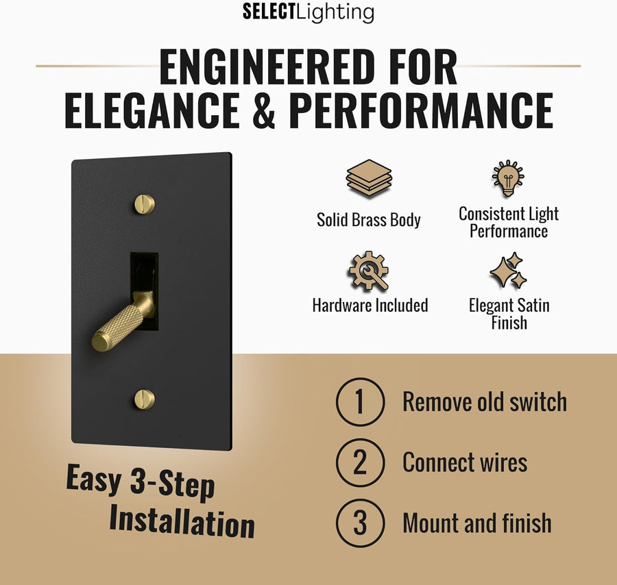 Select 15A 120V AC Toggle Switch, Black with Solid Brass Vintage Style Single Pole 3 Way Compatible Wall Mount Toggle Switch, Included Faceplate & Switch Module