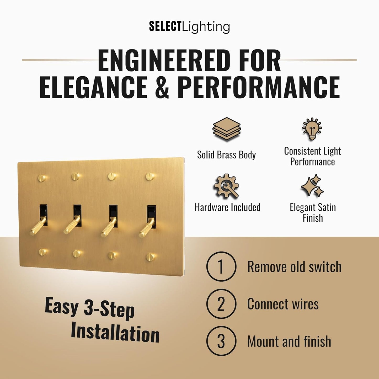 4-Gang Satin Solid Brass Plated Toggle Switch, 15A 120V AC Wall Mount, 3-Way Compatible Vintage Style Single Pole with Faceplate & Switch Module