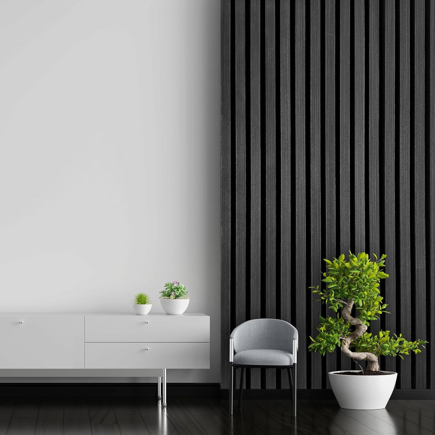 Select 1 Pack Wood Slat Wall Panels, 2’ x 8’ Acoustic Wood Wall Decor, Foam Base Sound Proof Peel and Stick Tile, Wall Art for Home & Room Decor, Living Room & Bedroom, Black