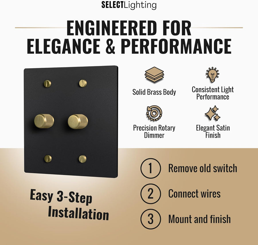 SELECT Black Brass Dimmer Light Switch, 1 Way Rotary Dimmer, TRIAC/Leading Edge Dimmable LED Light Switch, 15A 120V AC with Brass Knob, Faceplate & Dimming Module, UL Listed