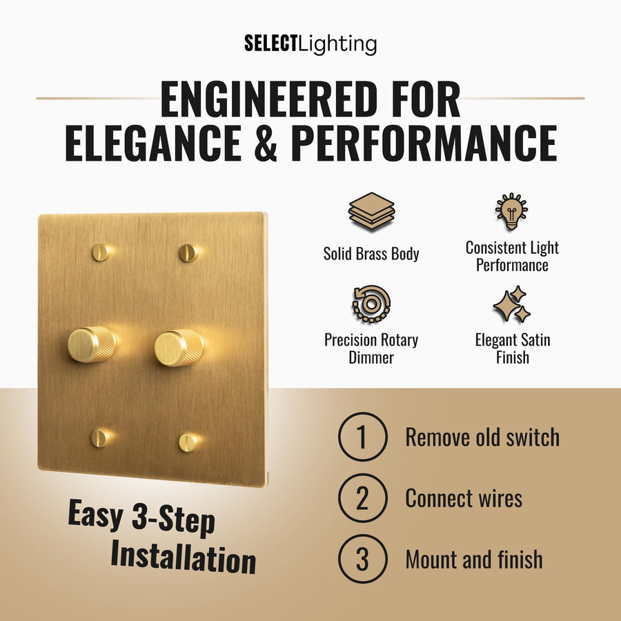 Select Lighting Satin Solid Brass Rotary Dimmer Switch, 15A 120V AC Wall Mount, TRIAC/Leading Edge 1-Way Compatible, Dimmable LED Light Control with Knob, Faceplate & Dimming Module