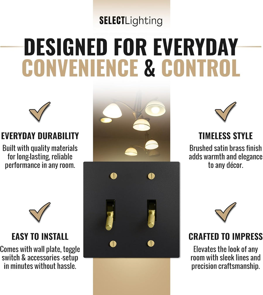 Select 15A 120V AC Toggle Switch, Black with Solid Brass Vintage Style Single Pole 3 Way Compatible Wall Mount Toggle Switch, Included Faceplate & Switch Module