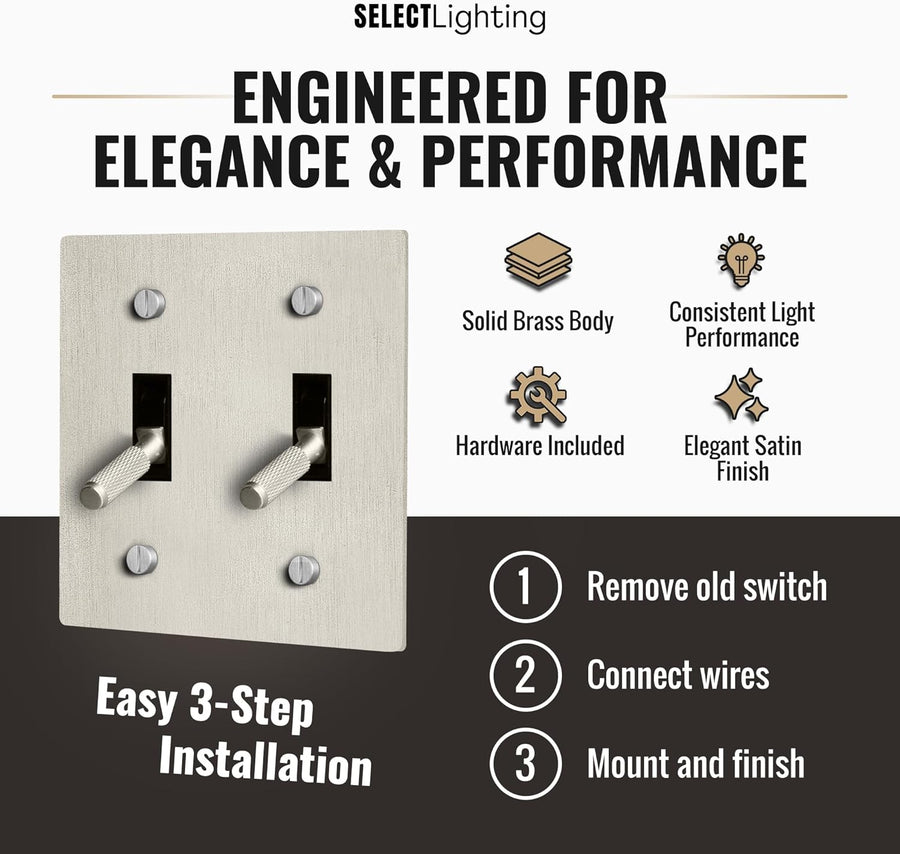 Select Lighting Satin Nickel Plated Toggle Switch, 15A 120V AC Wall Mount, 3-Way Compatible Vintage Style Single Pole with Faceplate & Switch Module