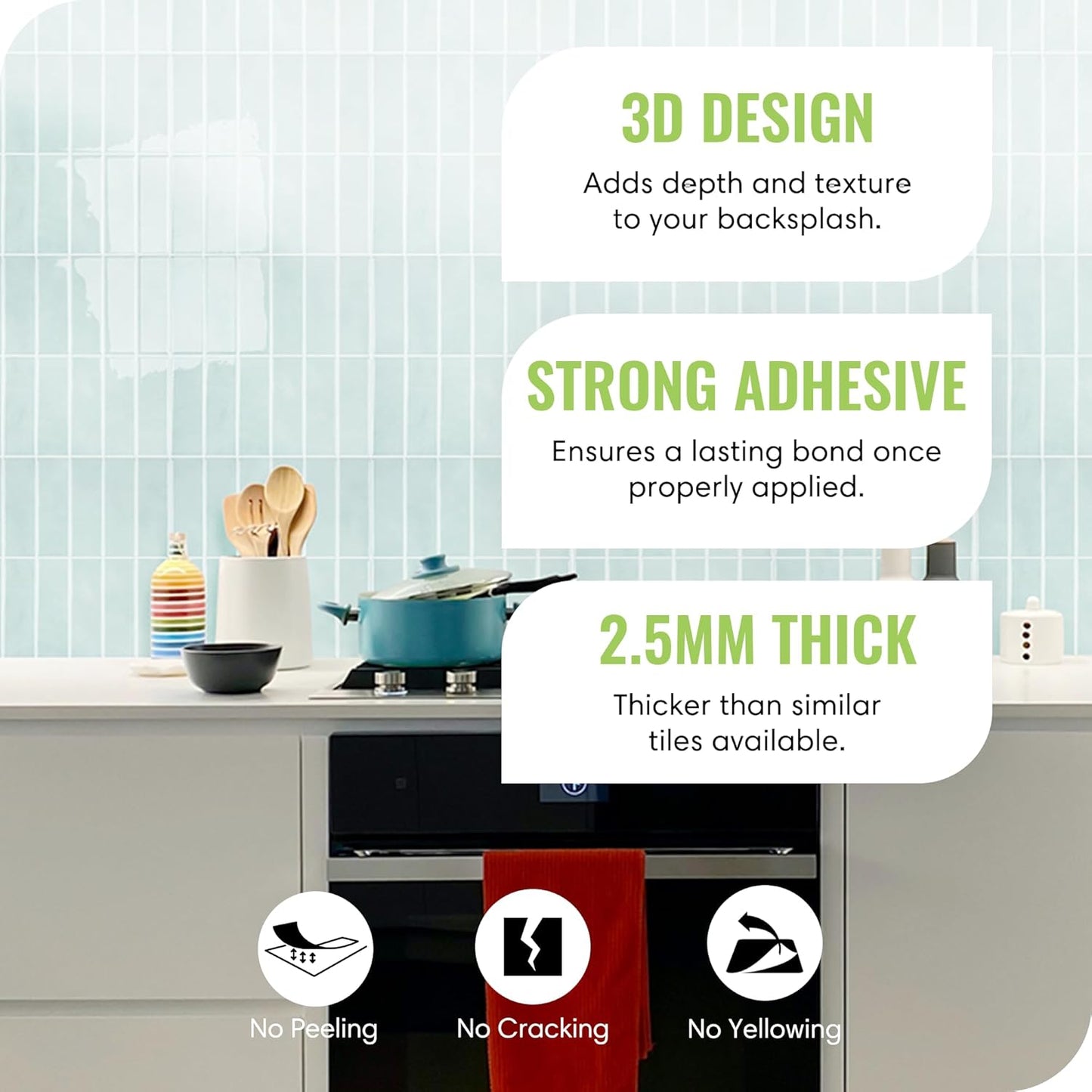 SELECT 5 Pack Peel and Stick Backsplash Tiles, 3D Wall Panels with Commercial-grade Adhesive, Extra Thick Water & Heat-resistant Stick-On Tile Backsplash for Kitchen, Bathroom, Laundry,12"x12” (Mint)