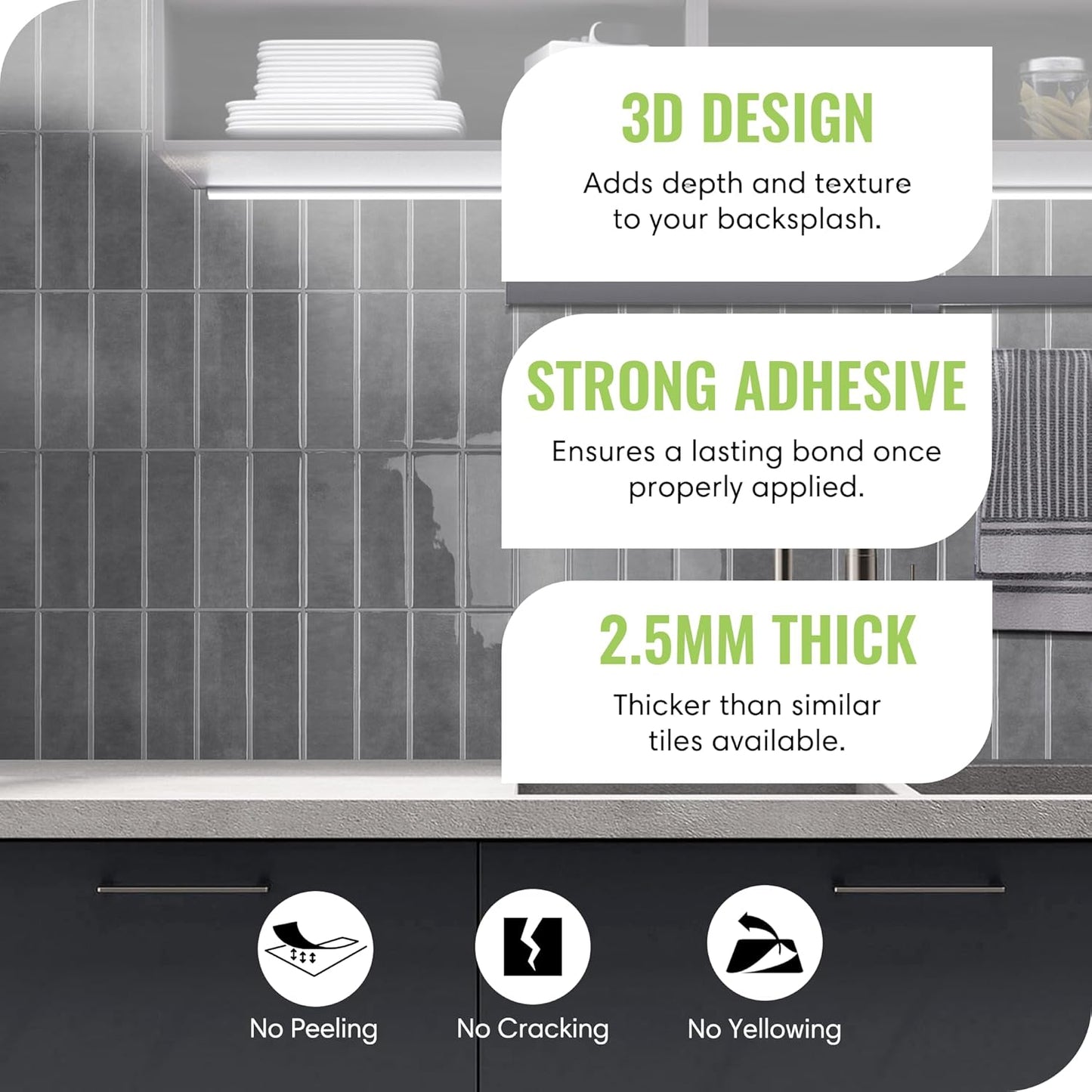 SELECT 5 Pack Peel and Stick Backsplash Tiles, 3D Wall Panels with Commercial-grade Adhesive, Extra Thick Water & Heat-resistant Stick-On Tile Backsplash for Kitchen, Bathroom, Laundry,12"x12” (Gray)