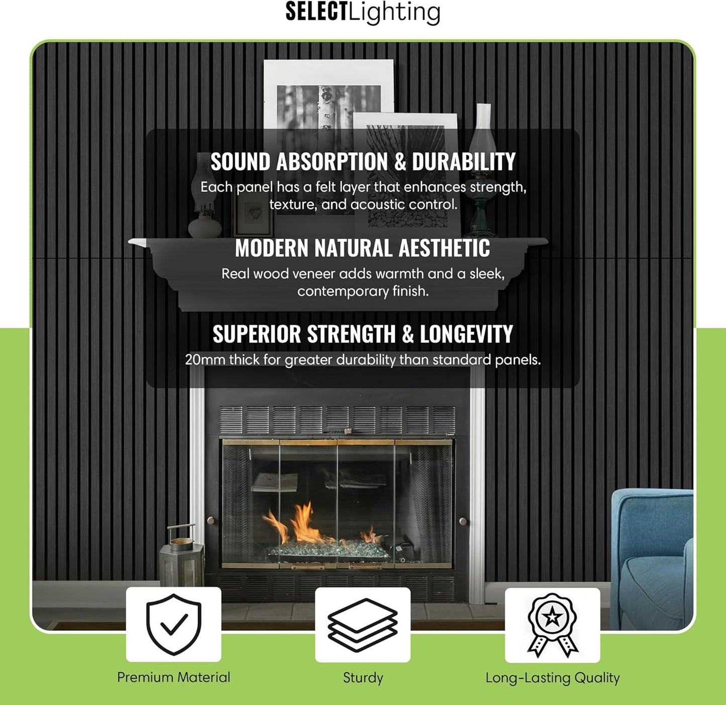 Select 1 Pack Wood Slat Wall Panels, 2’ x 8’ Acoustic Wood Wall Decor, Foam Base Sound Proof Peel and Stick Tile, Wall Art for Home & Room Decor, Living Room & Bedroom, Black