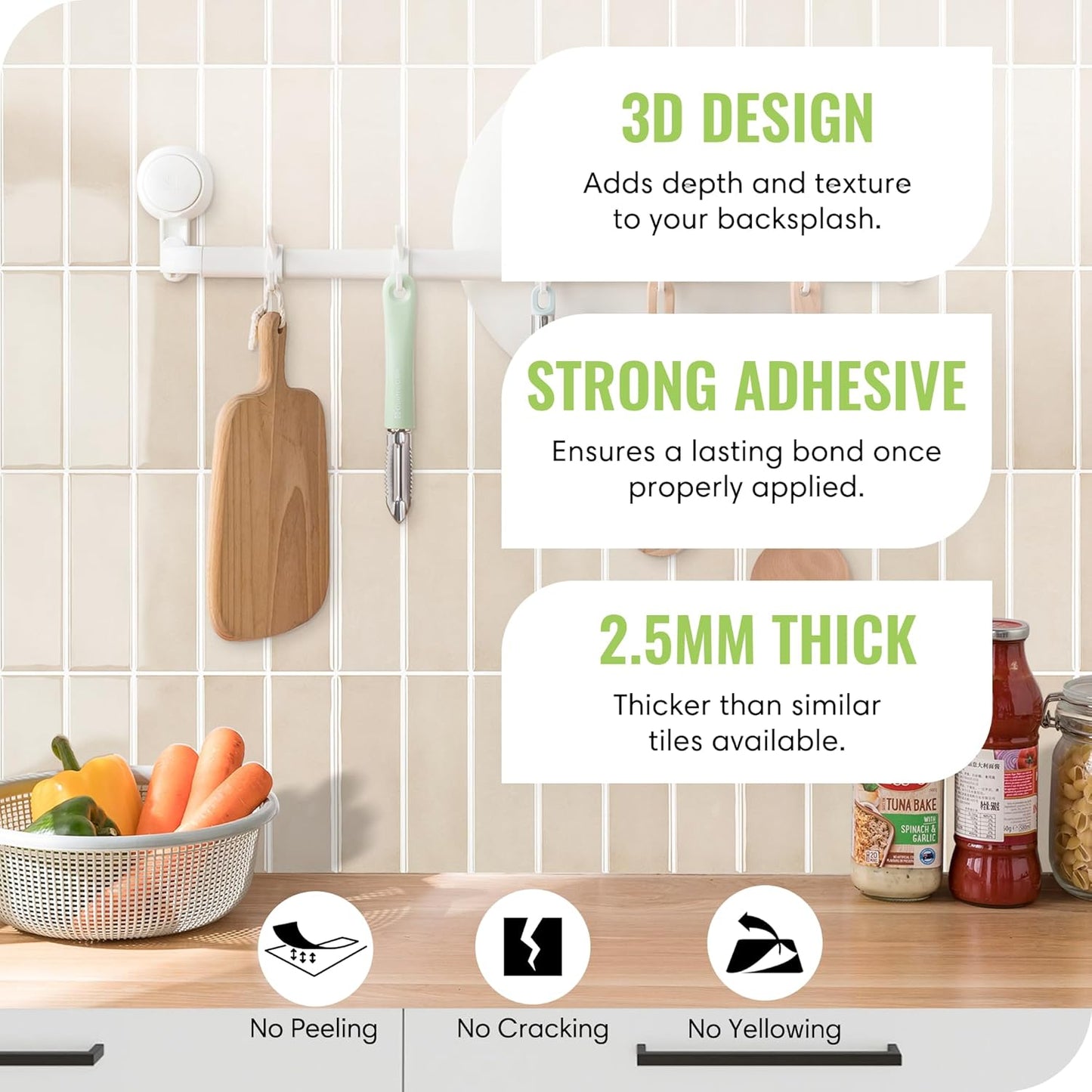 Select 5 Pack Peel and Stick Backsplash Tiles, 3D Wall Panels with Commercial-Grade Adhesive, Extra Thick Water & Heat-Resistant Stick-On Tile Backsplash for Kitchen, Laundry, 12" x12” (Almond)