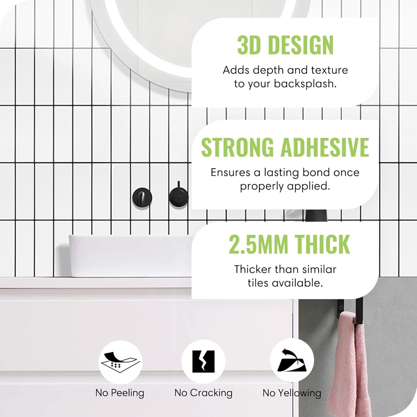 Select 5 Pack Peel and Stick Backsplash Tiles, 3D Wall Panels with Commercial-Grade Adhesive, Extra Thick Water & Heat-Resistant Stick-On Tile Backsplash,12" x12”(White with Black Grout)