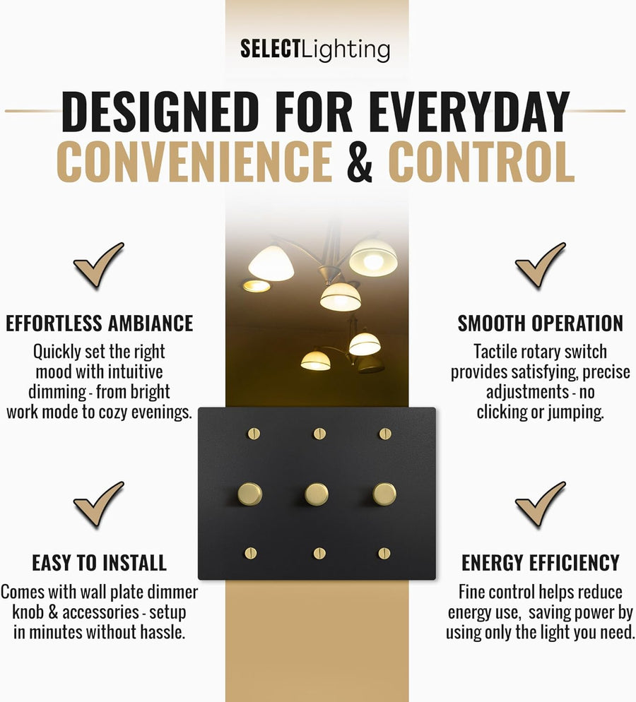 SELECT Black Brass Dimmer Light Switch, 1 Way Rotary Dimmer, TRIAC/Leading Edge Dimmable LED Light Switch, 15A 120V AC with Brass Knob, Faceplate & Dimming Module, UL Listed