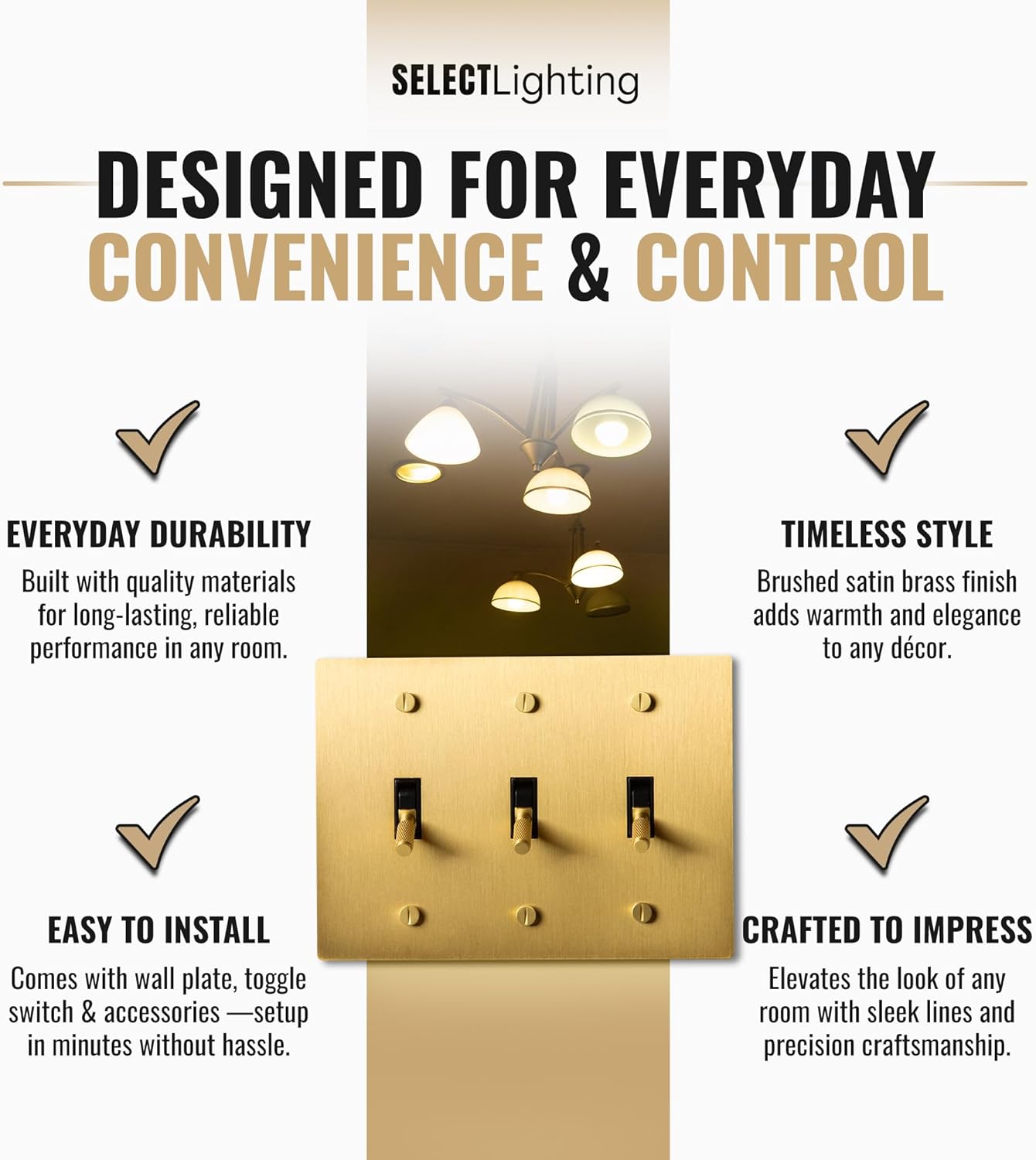 Satin Solid Brass Plated Toggle Switch, 15A 120V AC Wall Mount, 3-Way Compatible Vintage Style Single Pole with Faceplate & Switch Module