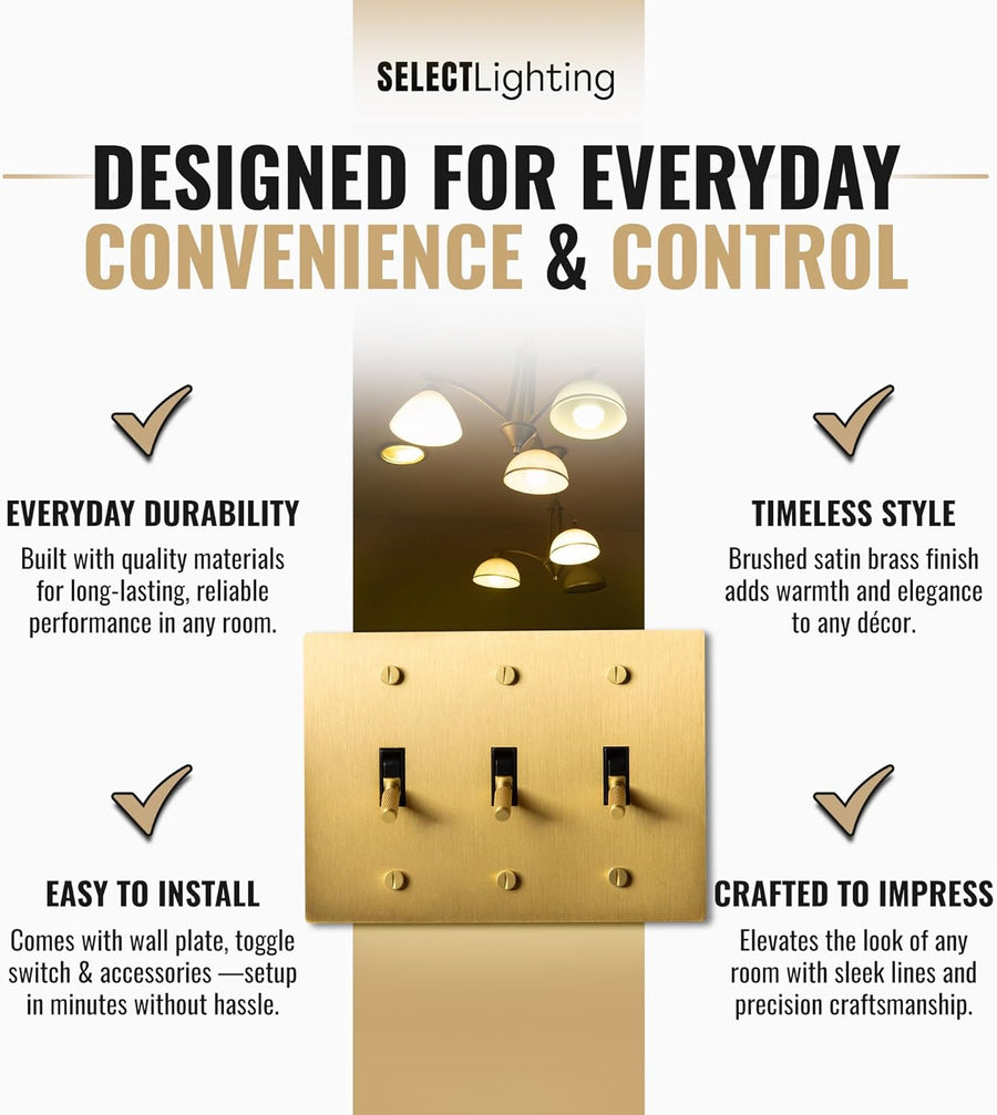 Satin Solid Brass Plated Toggle Switch, 15A 120V AC Wall Mount, 3-Way Compatible Vintage Style Single Pole with Faceplate & Switch Module
