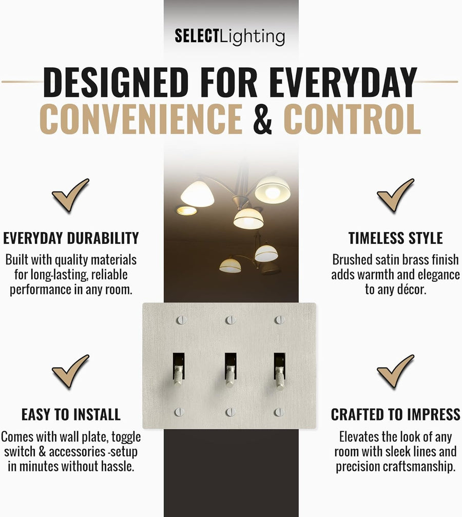 Select Lighting Satin Nickel Plated Toggle Switch, 15A 120V AC Wall Mount, 3-Way Compatible Vintage Style Single Pole with Faceplate & Switch Module