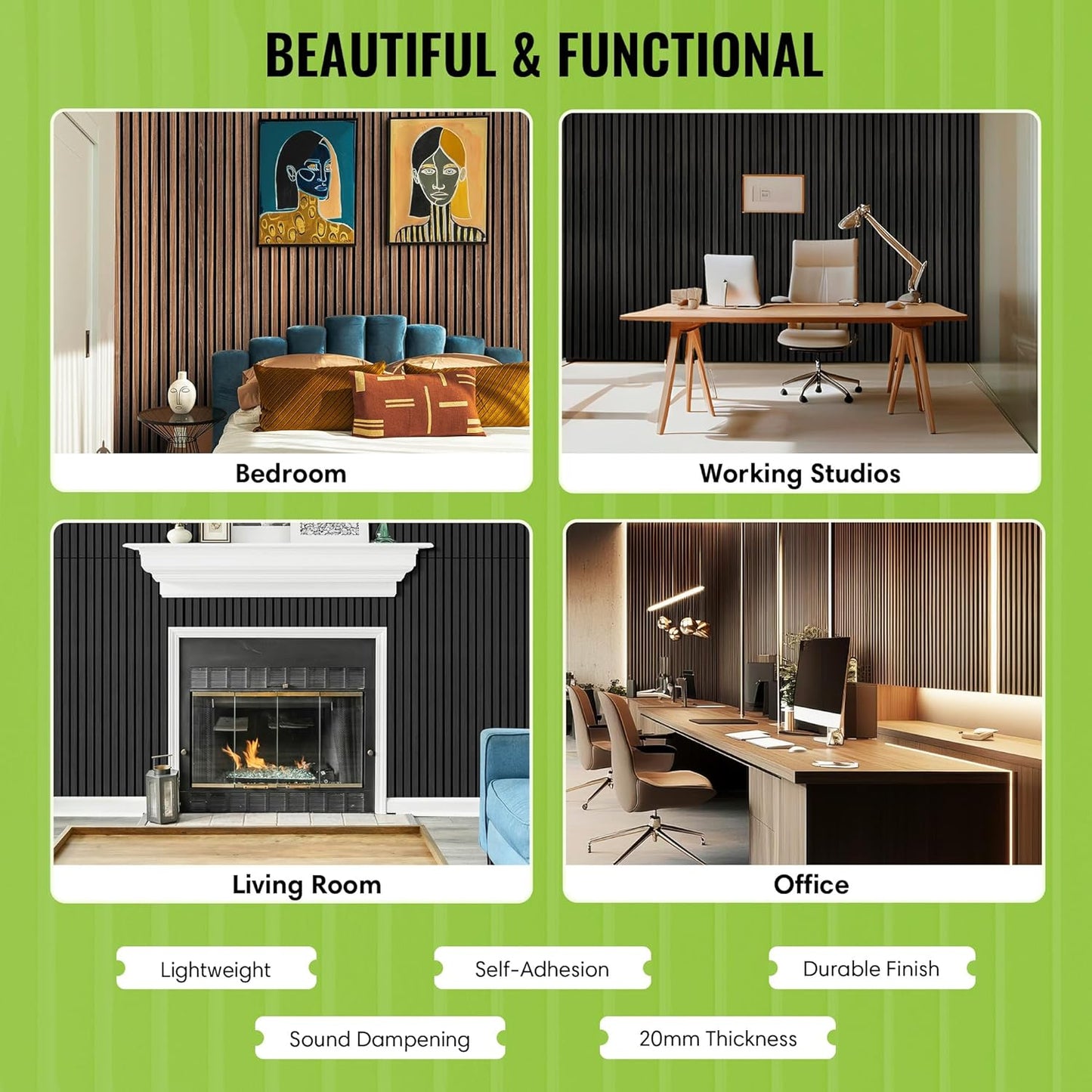 Select 1 Pack Wood Slat Wall Panels, 2’ x 8’ Acoustic Wood Wall Decor, Foam Base Sound Proof Peel and Stick Tile, Wall Art for Home & Room Decor, Living Room & Bedroom, Black