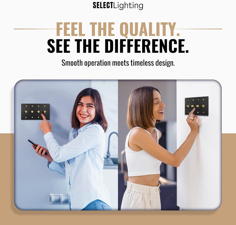 SELECT Black Brass Dimmer Light Switch, 1 Way Rotary Dimmer, TRIAC/Leading Edge Dimmable LED Light Switch, 15A 120V AC with Brass Knob, Faceplate & Dimming Module, UL Listed