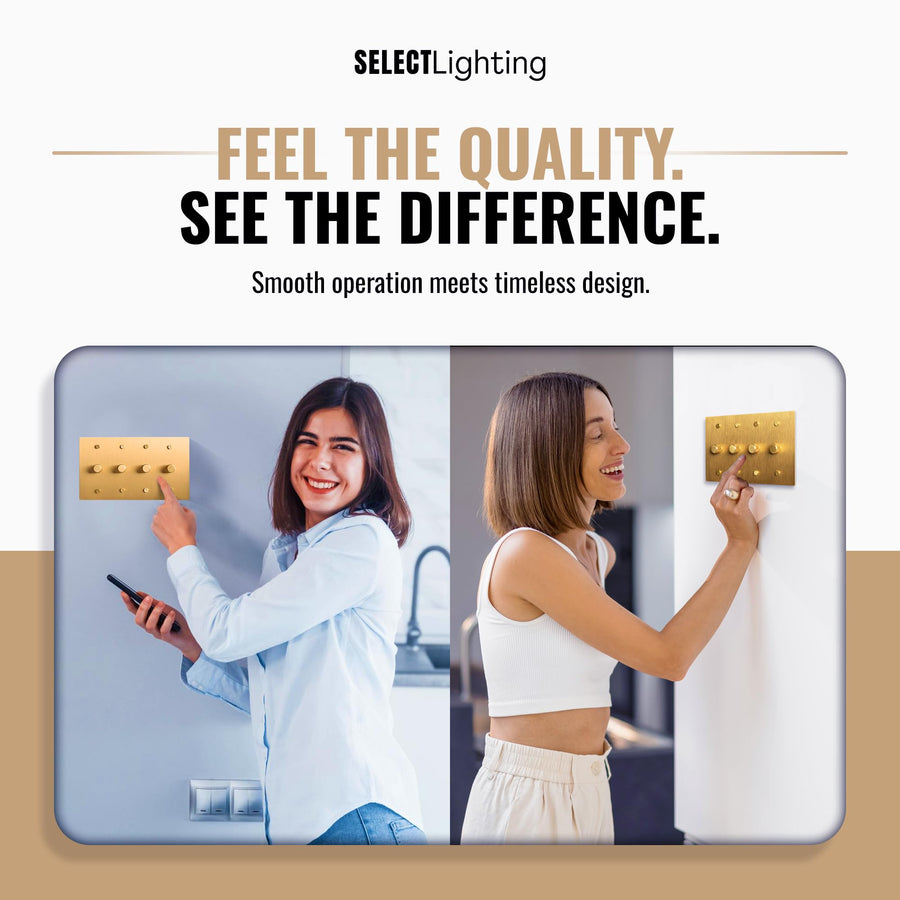 Select Lighting Satin Solid Brass Rotary Dimmer Switch, 15A 120V AC Wall Mount, TRIAC/Leading Edge 1-Way Compatible, Dimmable LED Light Control with Knob, Faceplate & Dimming Module