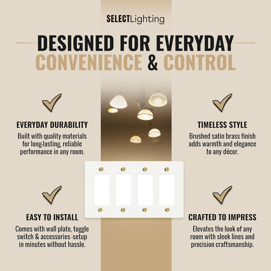 Select lighting White with Brass Wall Plate Cover, Electrical Receptacle Outlet Faceplate, GFI/Rocker Decorator Light Switch Cover