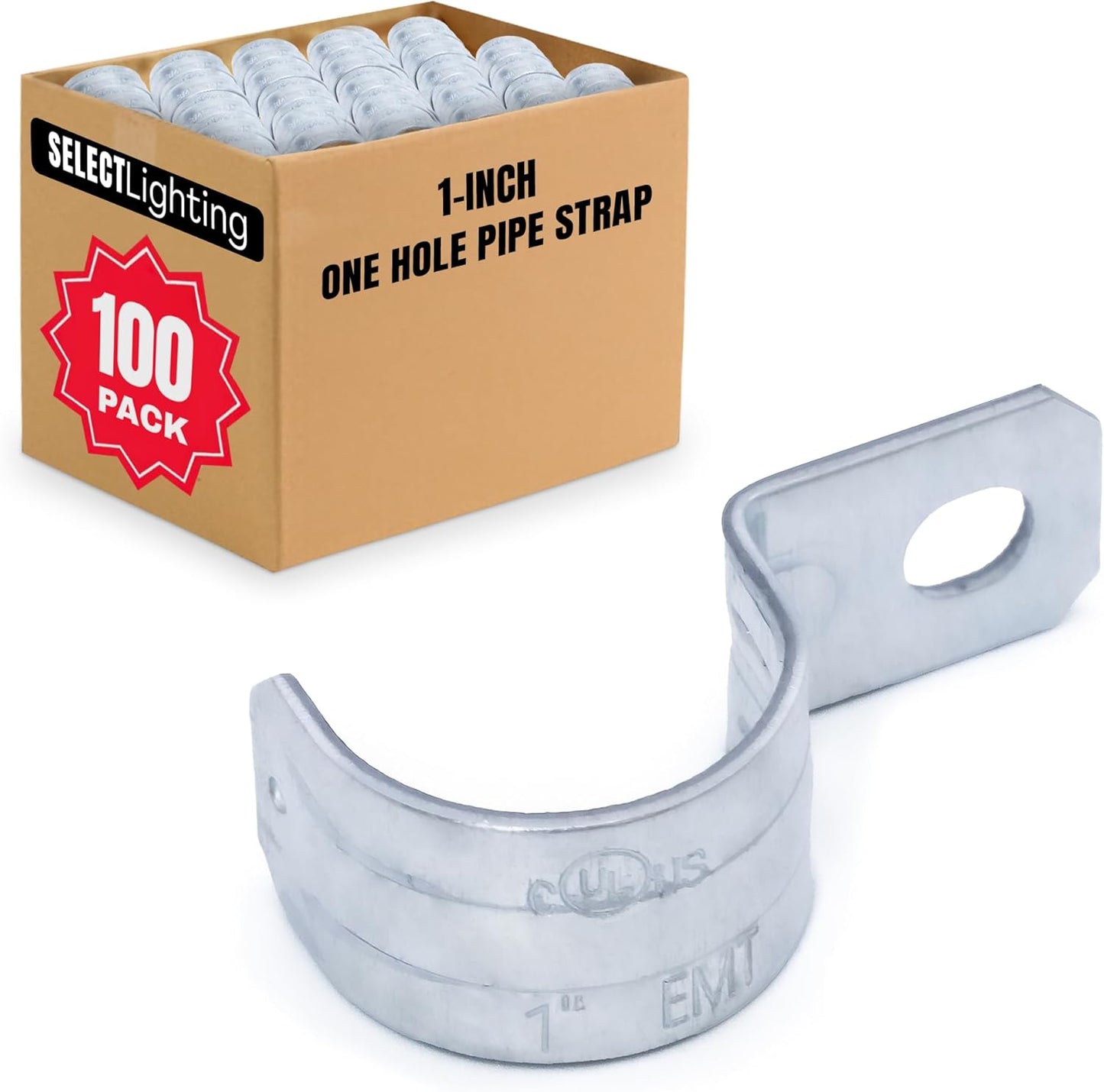 Select 100 Pack Lighting 1 Hole 3/4 Inch Rigid Pipe Straps for EMT, Heavy-Duty Zinc-Plated Steel Clips with Reinforced Rib, Conduit Strap for Pipes, Cables, and Tubes, Snap-On Installation
