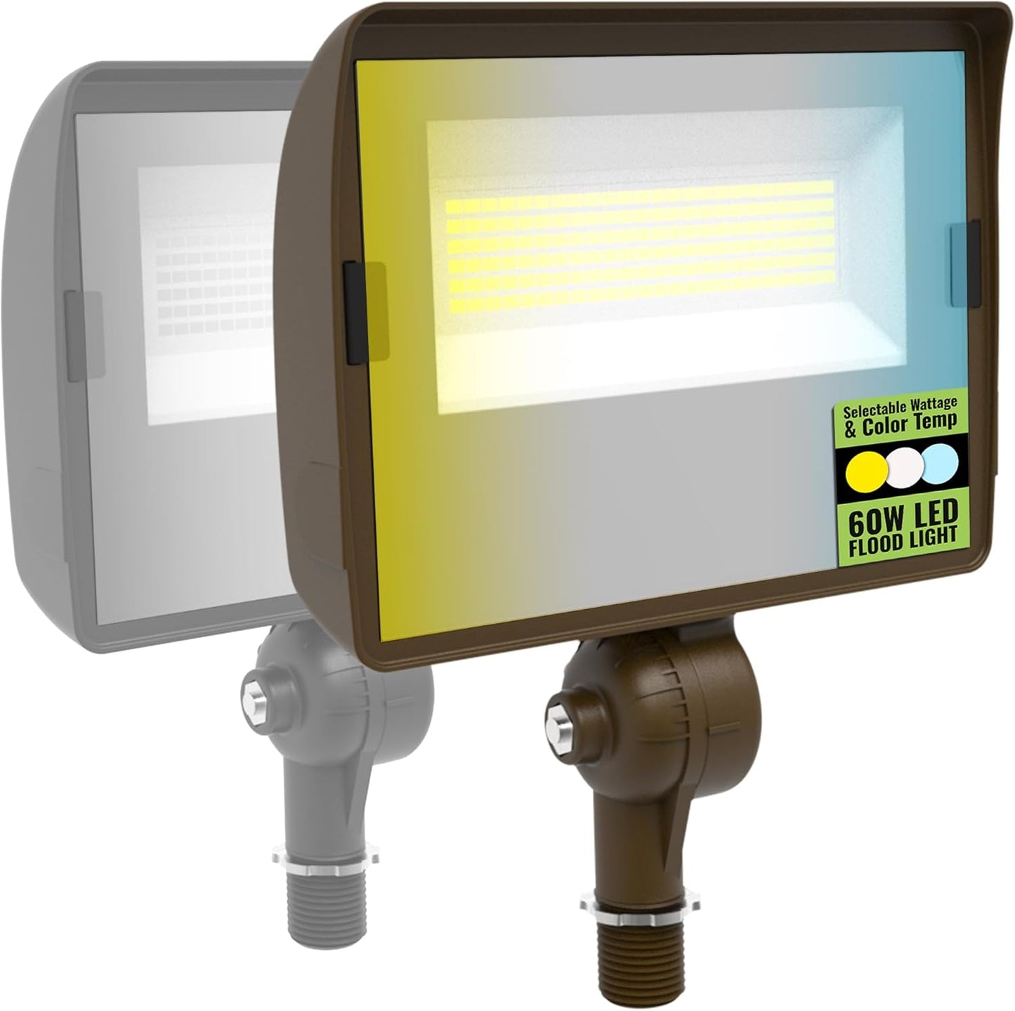 LED Flood Light, Multi-Watt (40/50/60W) & Multi-CCT (3000K/4000K/5000K), 1/2 Inch Swivel Knuckle Mount, Waterproof, 120-277V, 8000 Lumens, Outdoor Security Floodlight for Yard